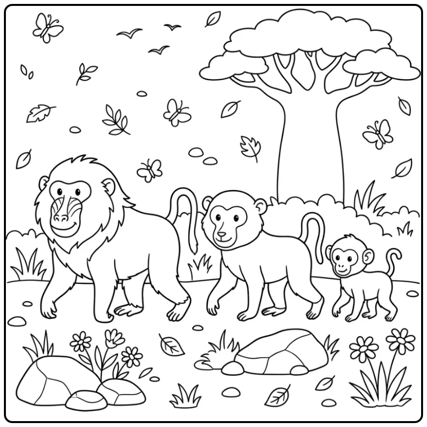 Baboon Trio Walking in Nature coloring page