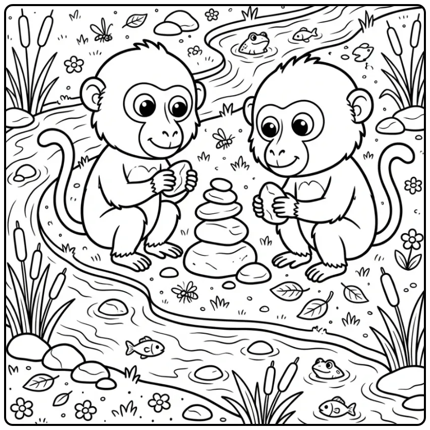Two Young Baboons Building a Stone Tower coloring page