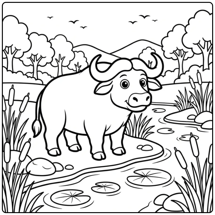 Buffalo Standing with a Coiling River coloring page