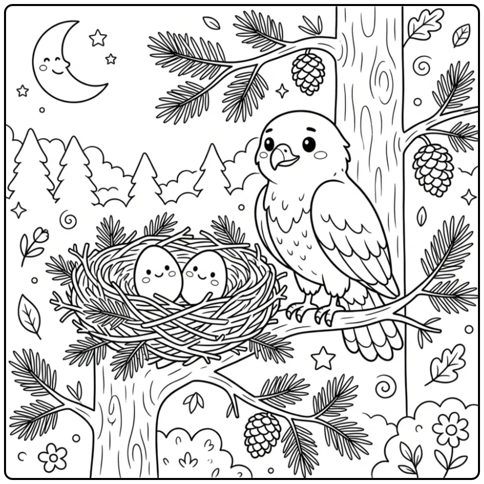 Buzzard in Tall Tree with Nest and Half Moon coloring page