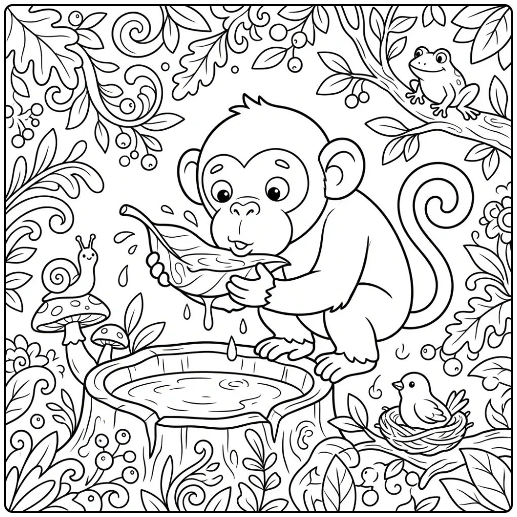Chimpanzee coloring page with forest animals in the jungle