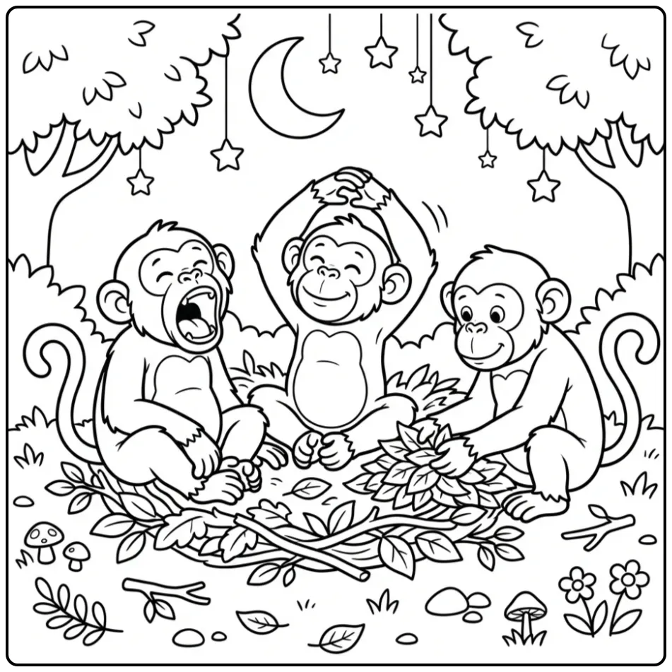 Chimpanzee coloring page going to sleep under the moon
