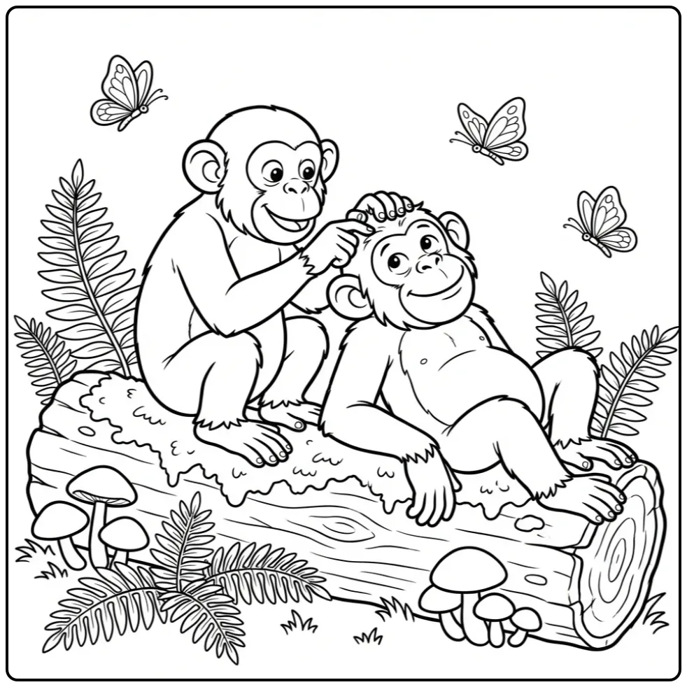 Chimpanzee coloring page grooming on a tree trunk