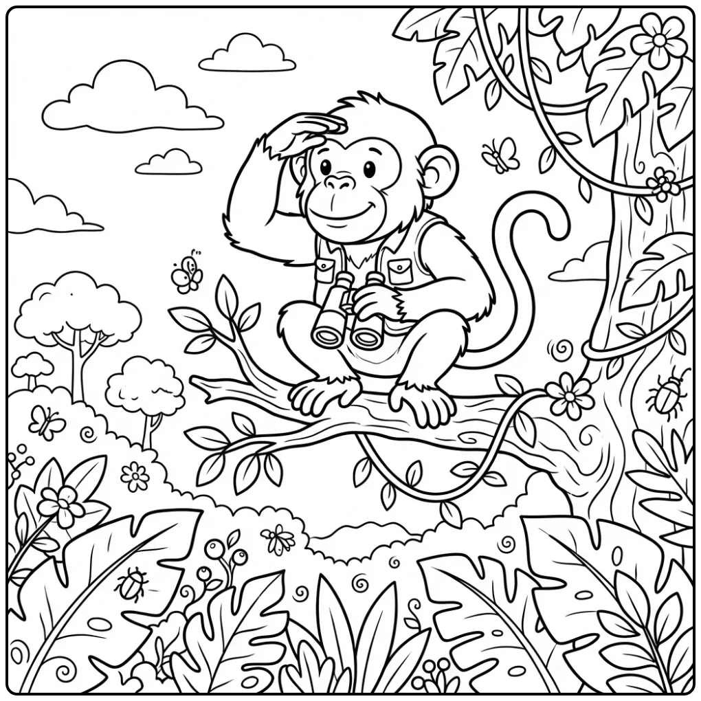 Chimpanzee coloring page looking out over the forest
