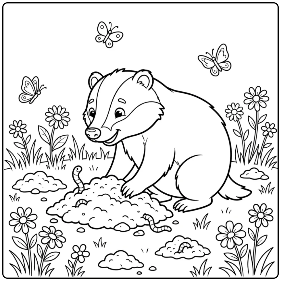 Cute badger coloring page with butterflies and flowers