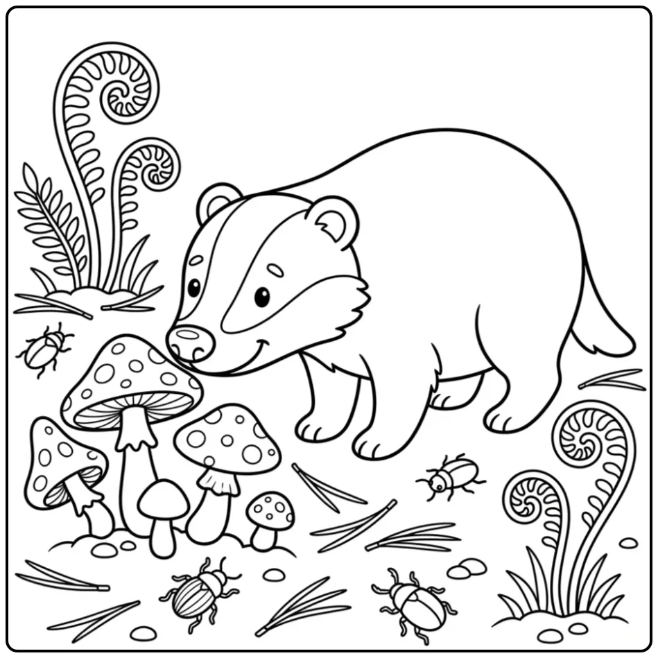 Badger coloring page sniffing wild mushrooms