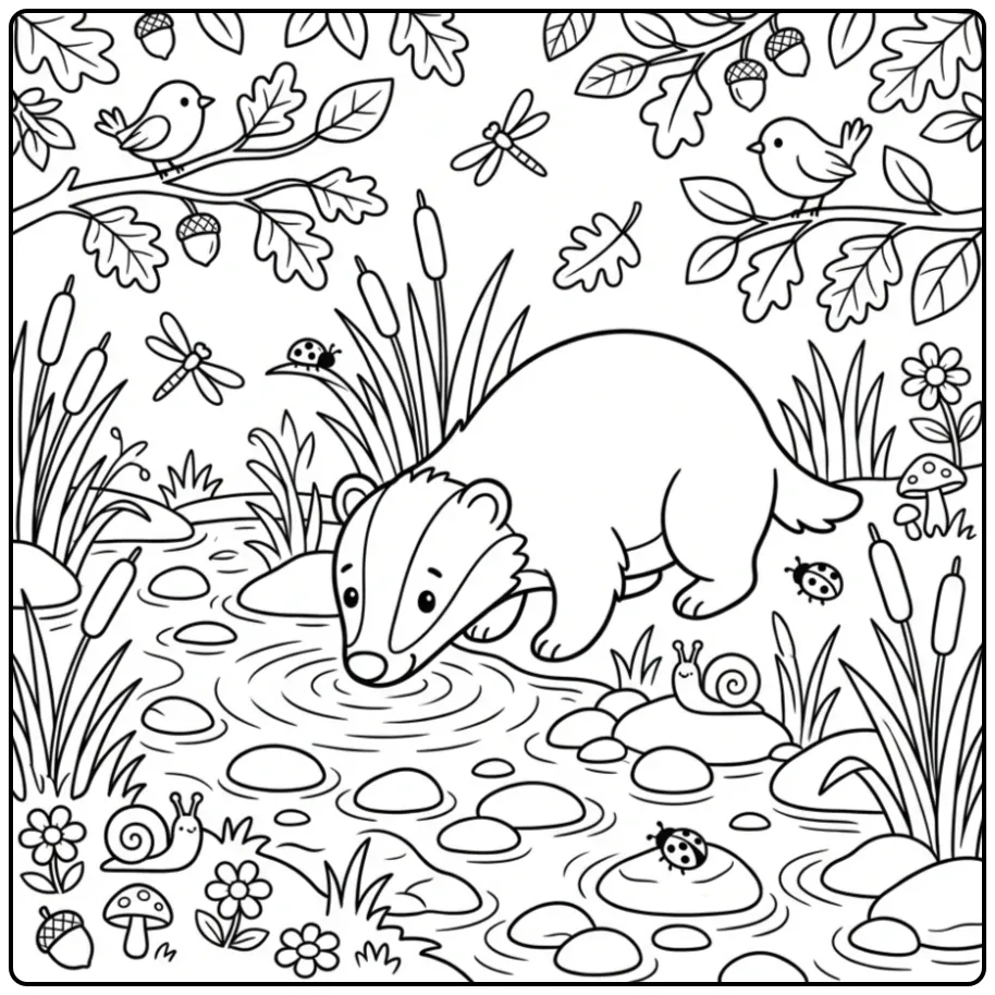 Badger coloring page drinking by a stream