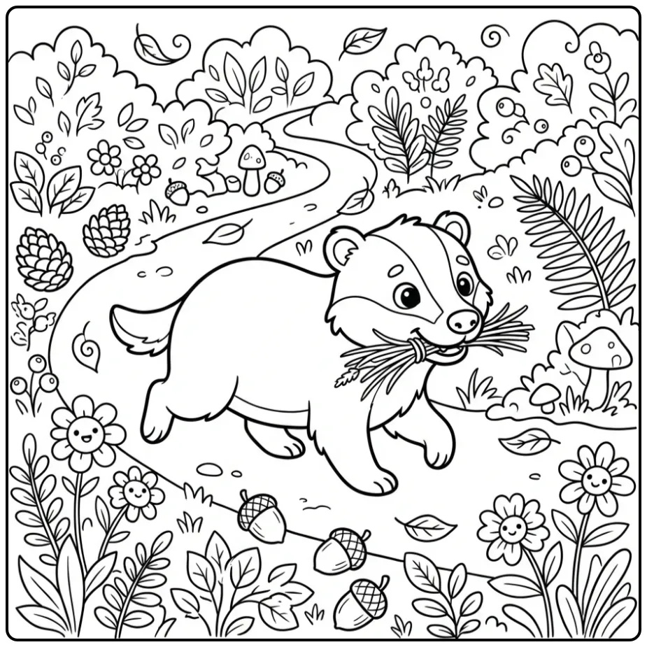 Cute badger coloring page with grass on a forest path