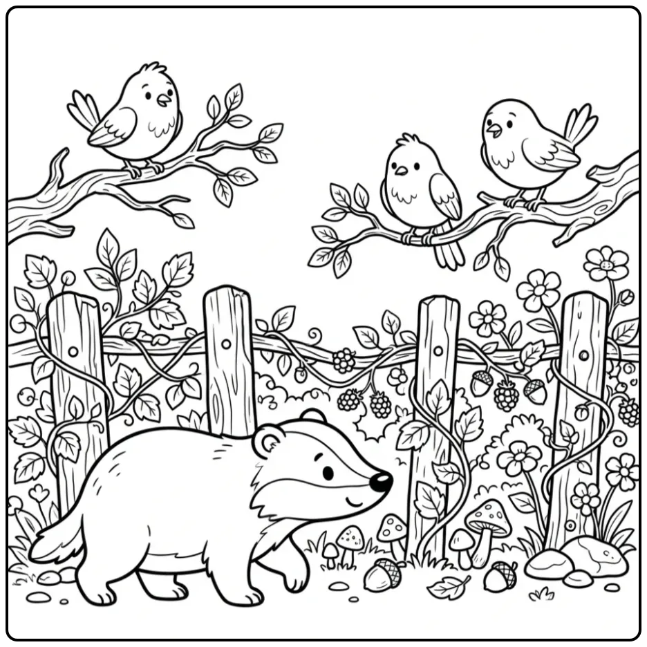 Badger coloring page walking along a green hedge