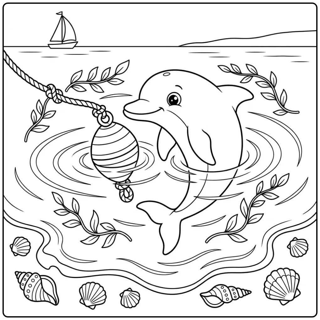 Dolphin with a Buoy and Sailboat in the Bay coloring page