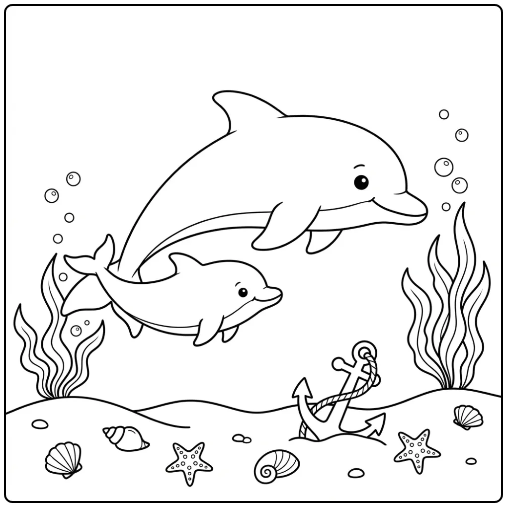 Dolphin with baby coloring page near an anchor
