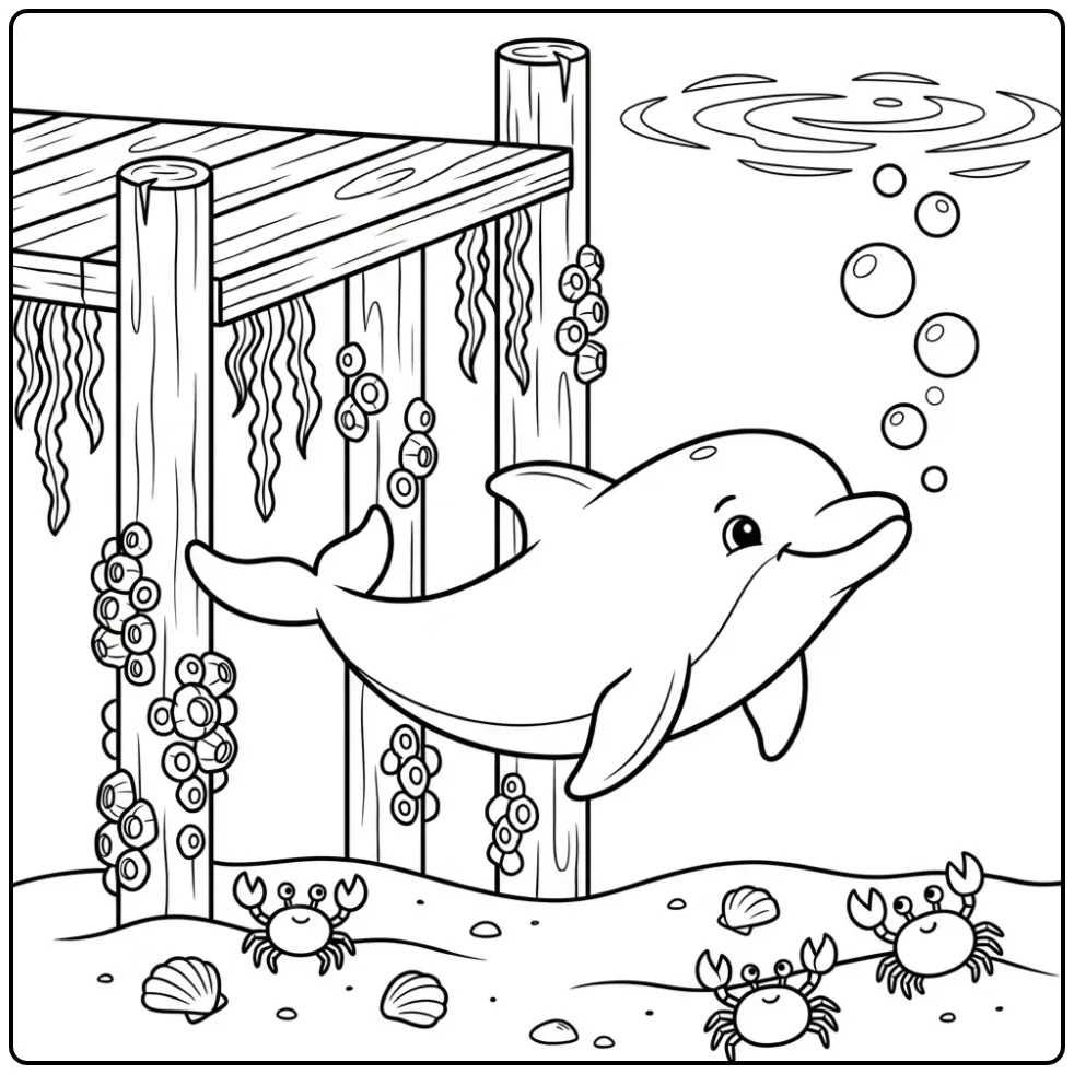 Dolphin with Crabs and Seaweed Underwater coloring page