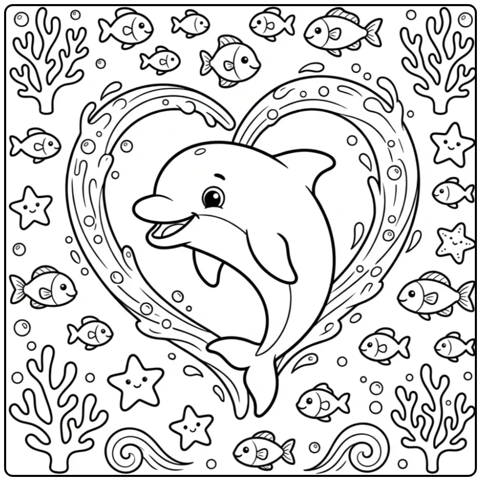 Cute Dolphin with Heart Bubbles coloring page