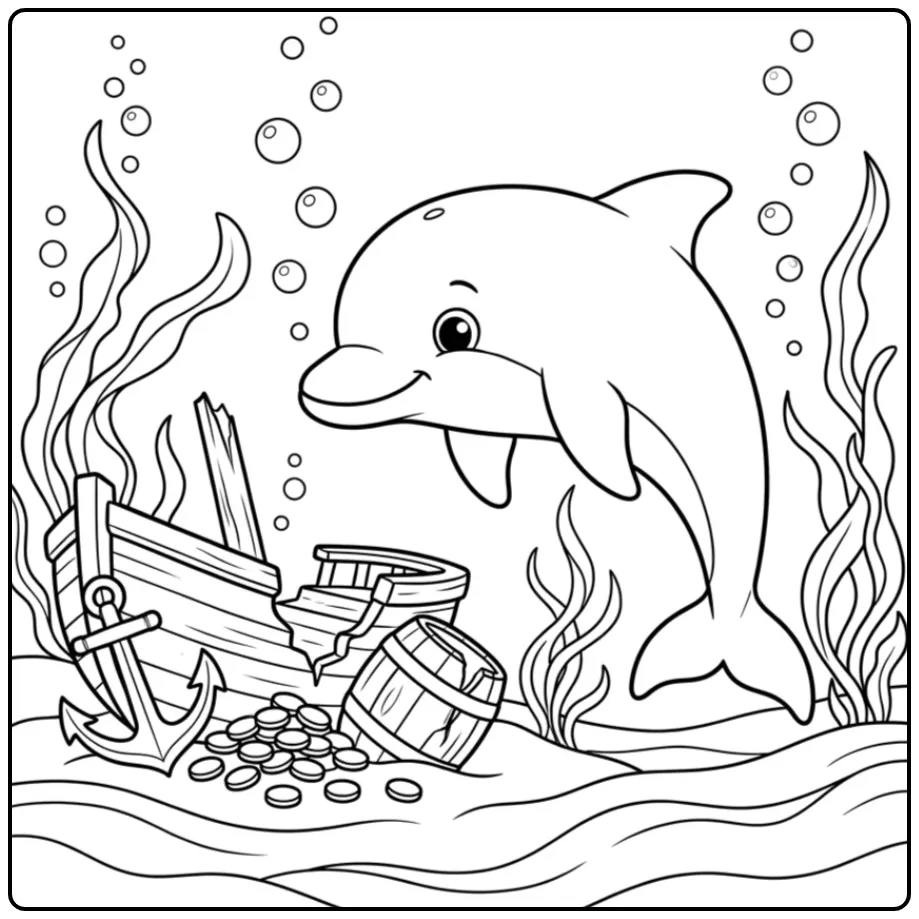 Dolphin Searching for Treasures and Coins coloring page