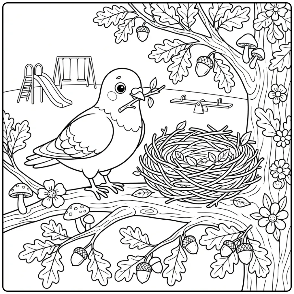 Dove Building a Nest in the Tree with Acorns coloring page