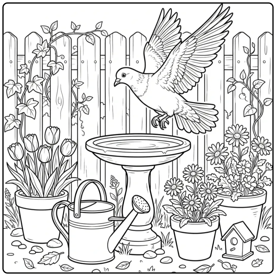 Dove in a Cozy Garden with Flowers coloring page