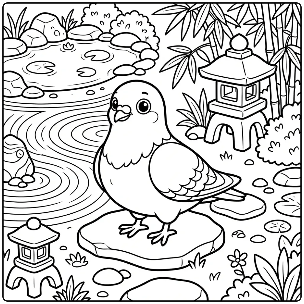 Dove in Japanese Zen Garden with Lantern coloring page