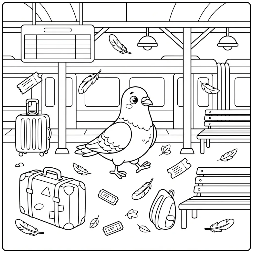Dove Adventure on the Train Station with Suitcase coloring page