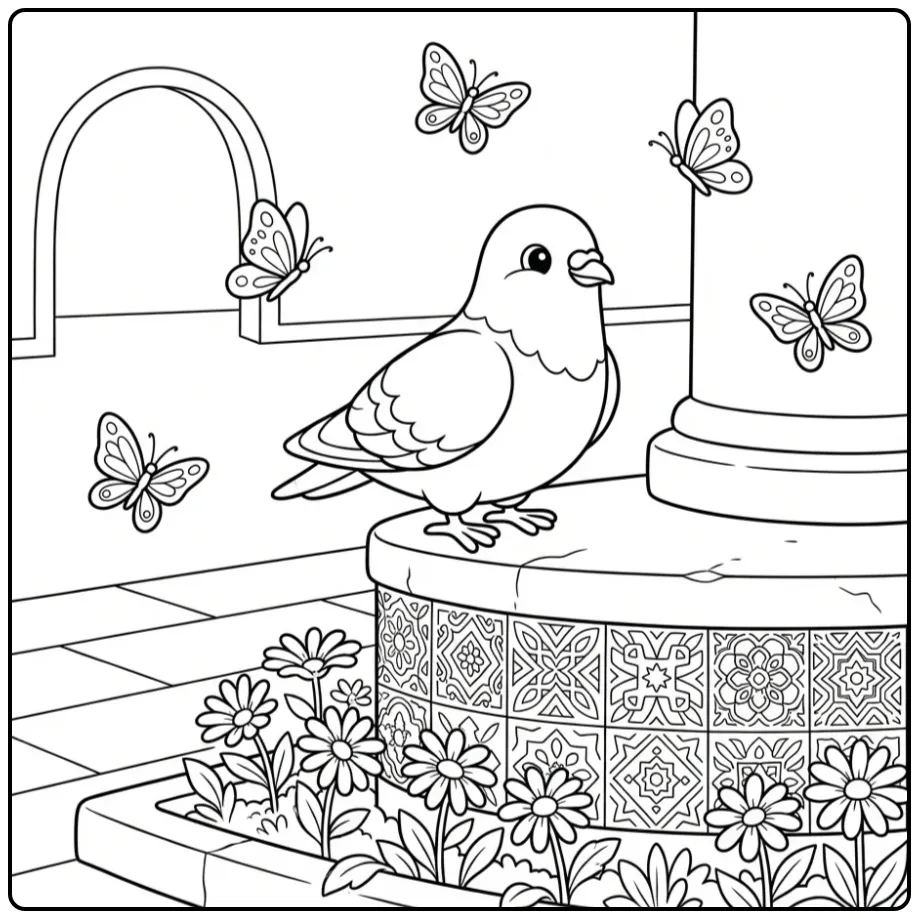 Dove on a Square with Butterflies and Flowers coloring page