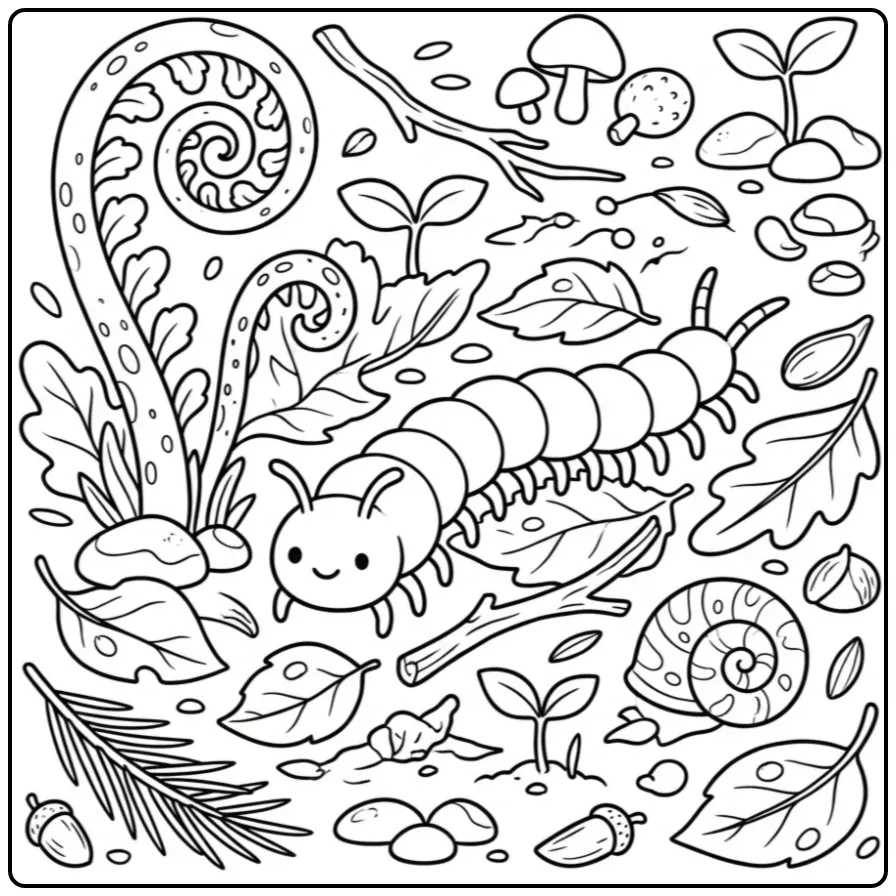 Centipede coloring page in the forest