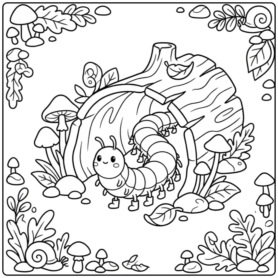 Centipede coloring page in a wooden tunnel