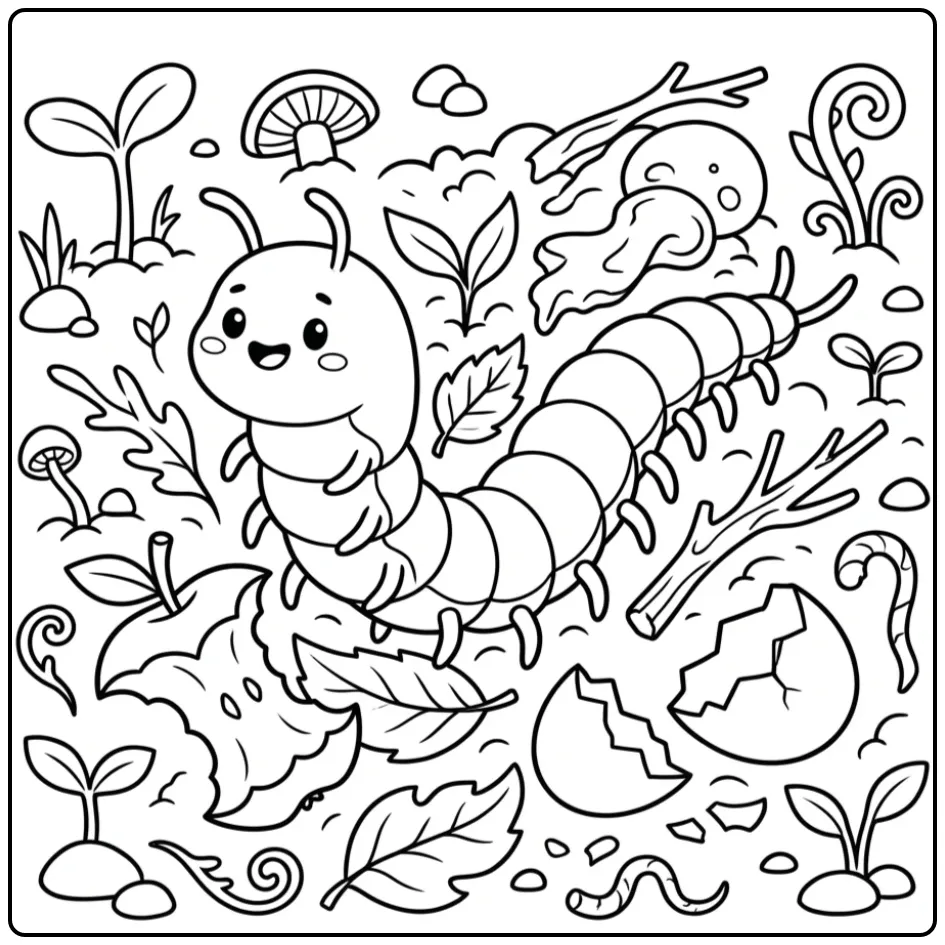 Centipede coloring page among leaves