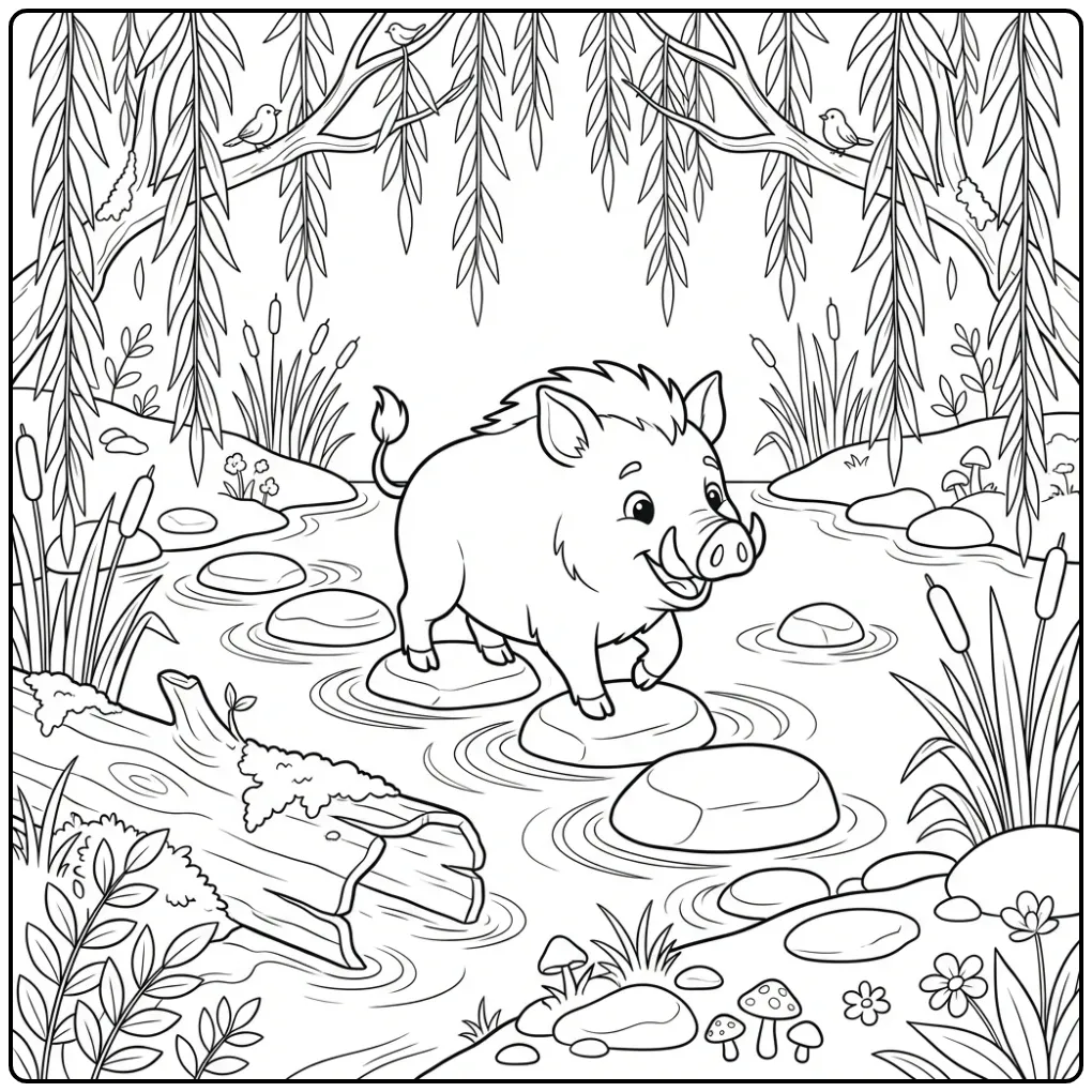Wild Boar Adventure on the Stepping Stones coloring page
