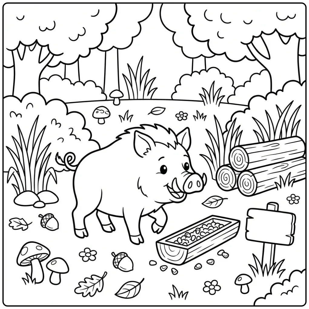 Wild Boar with a Wooden Feeding Trough coloring page