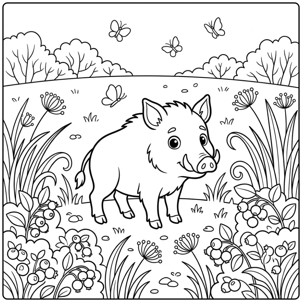 Wild Boar in Nature with Butterflies coloring page