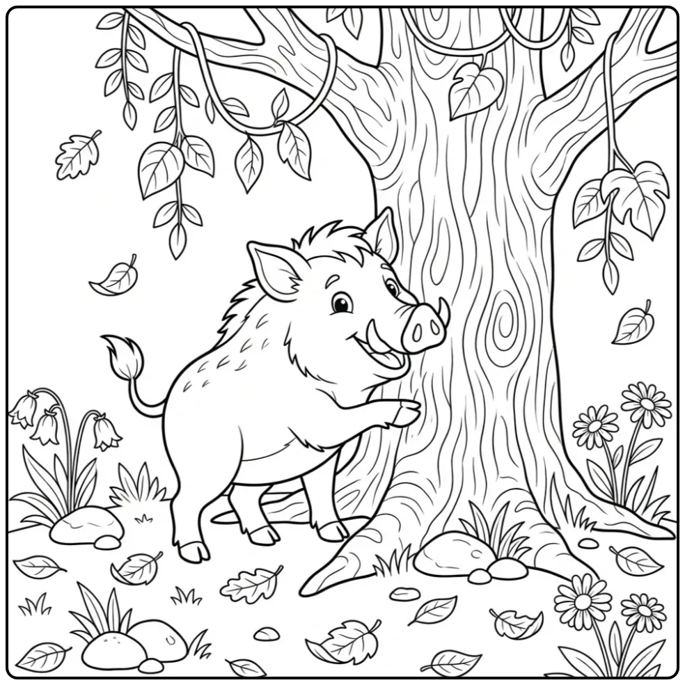 Wild Boar in the Forest with Flowers coloring page