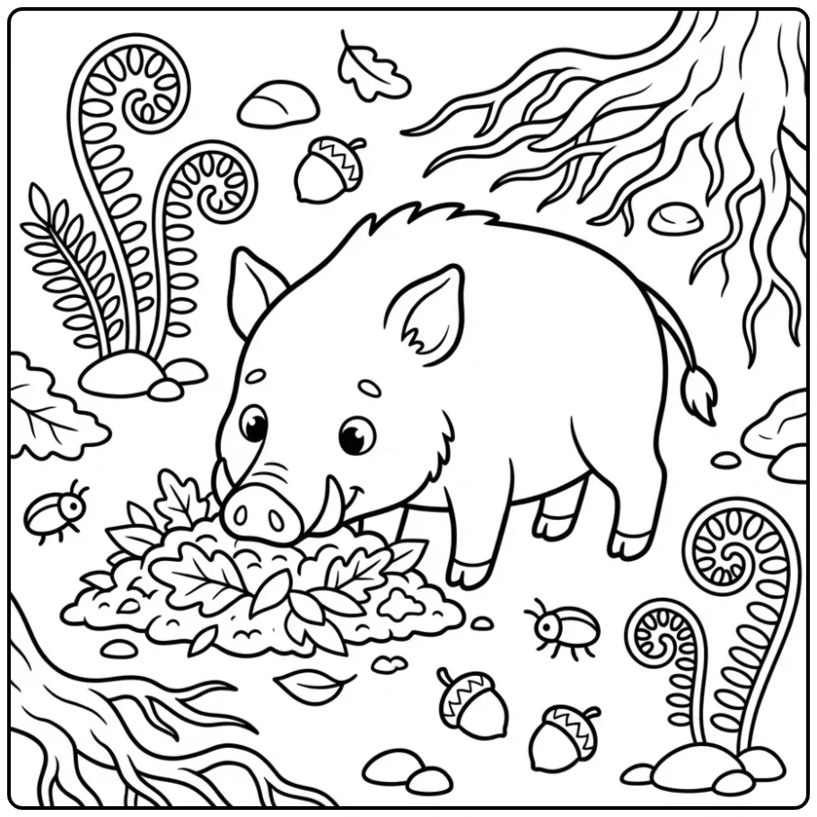 Wild Boar in the Forest with Acorns and Beetles coloring page