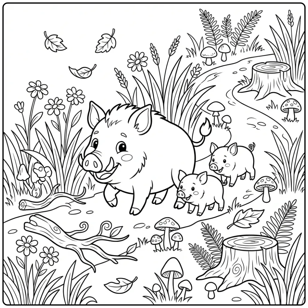 Wild Boar with Piglets in the Forest coloring page