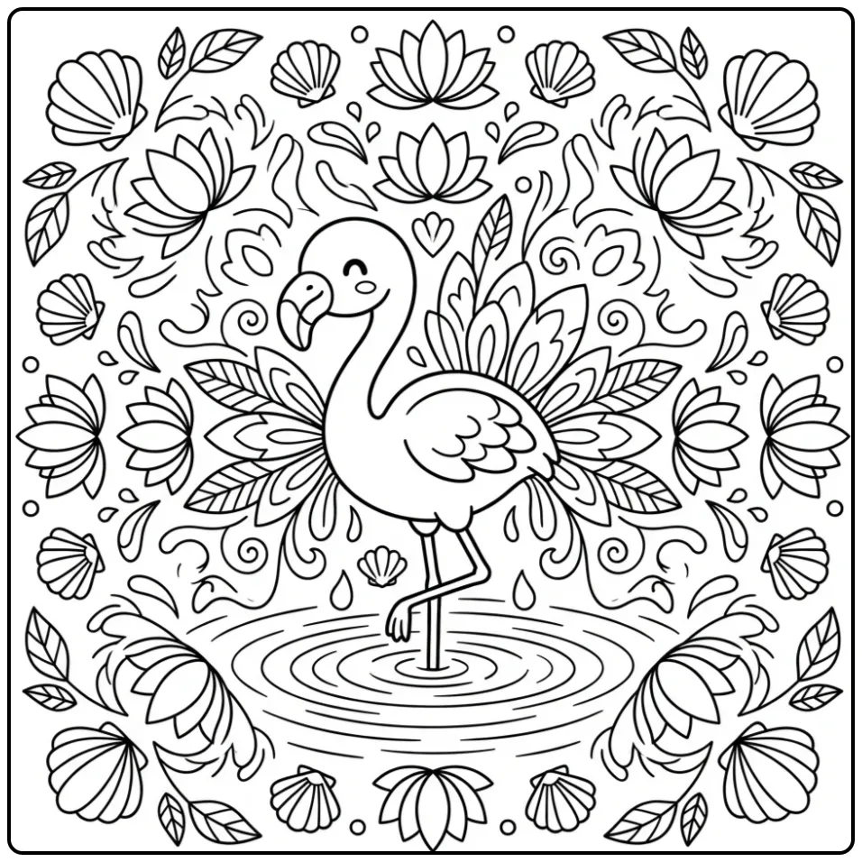 Flamingo Mandala with Shells and Feathers coloring page