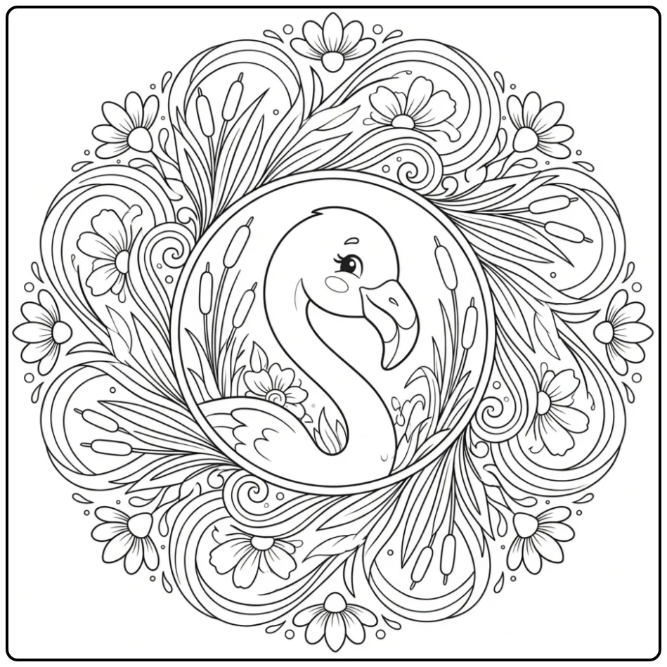 Flamingo Mandala with Graceful Details and Waves coloring page