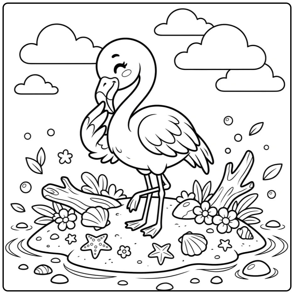 Flamingo Cute with Flowers and Clouds coloring page