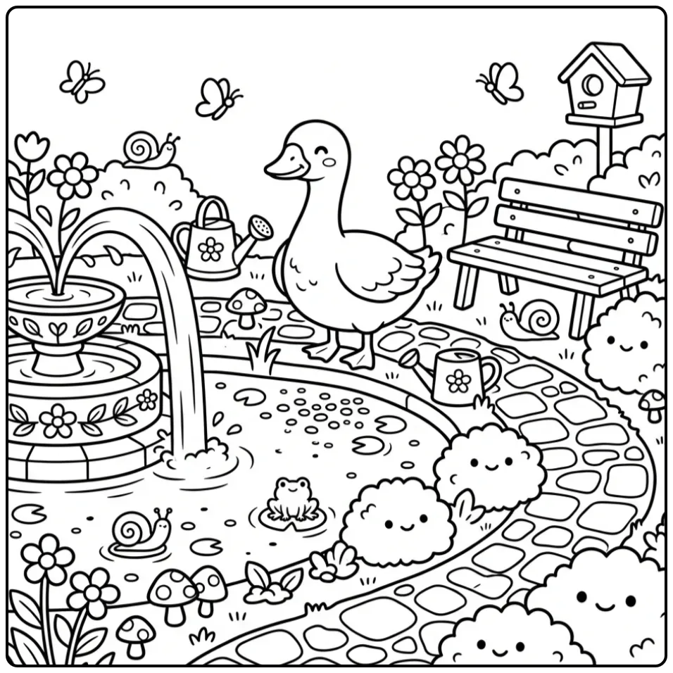 Goose coloring page by a pond with a fountain