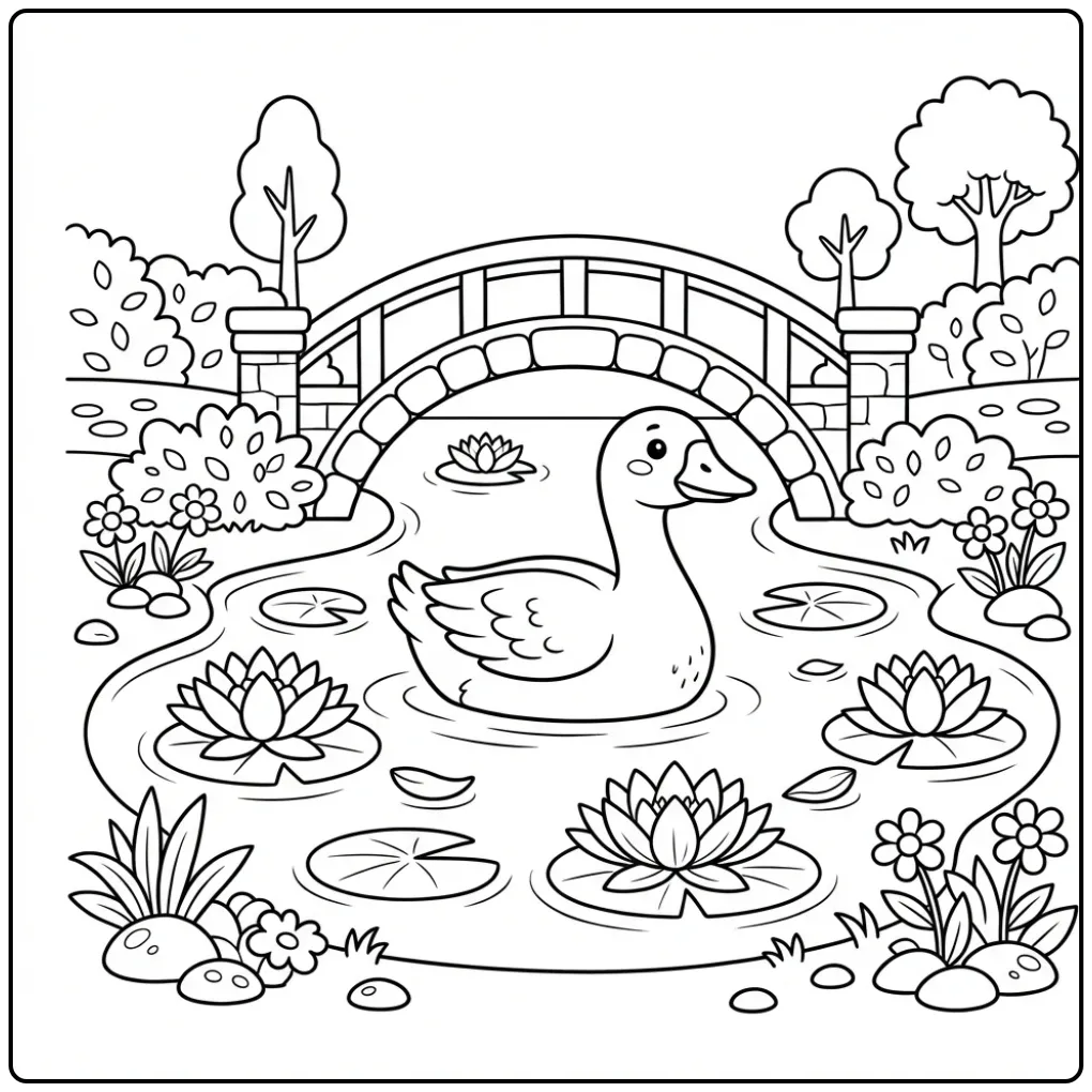 Goose coloring page swimming by water lilies and a bridge
