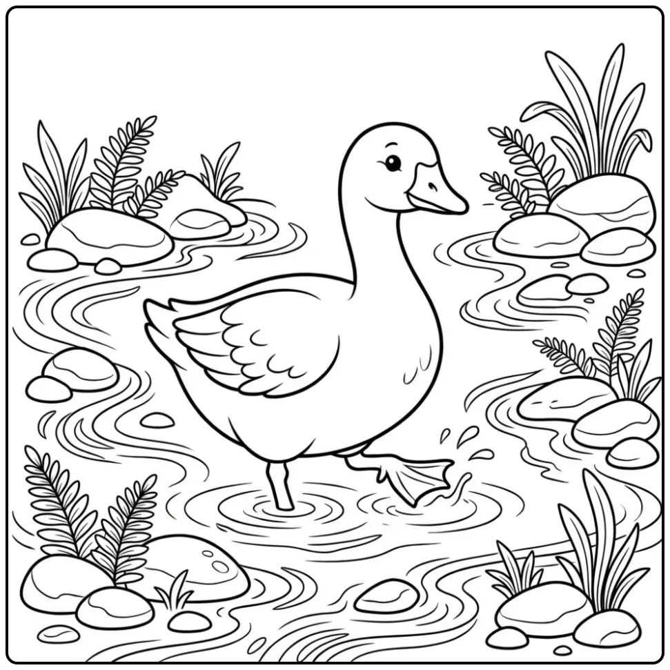 Goose coloring page splashing in the water
