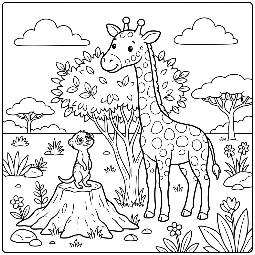 Giraffe and Meerkat on the Savanna coloring page