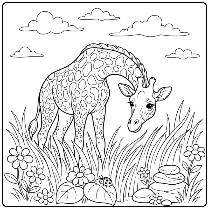 Giraffe in the Grass with a Ladybug coloring page