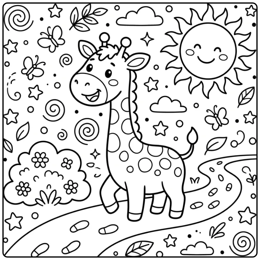 Easy Giraffe Walking in the Sun with Bushes coloring page