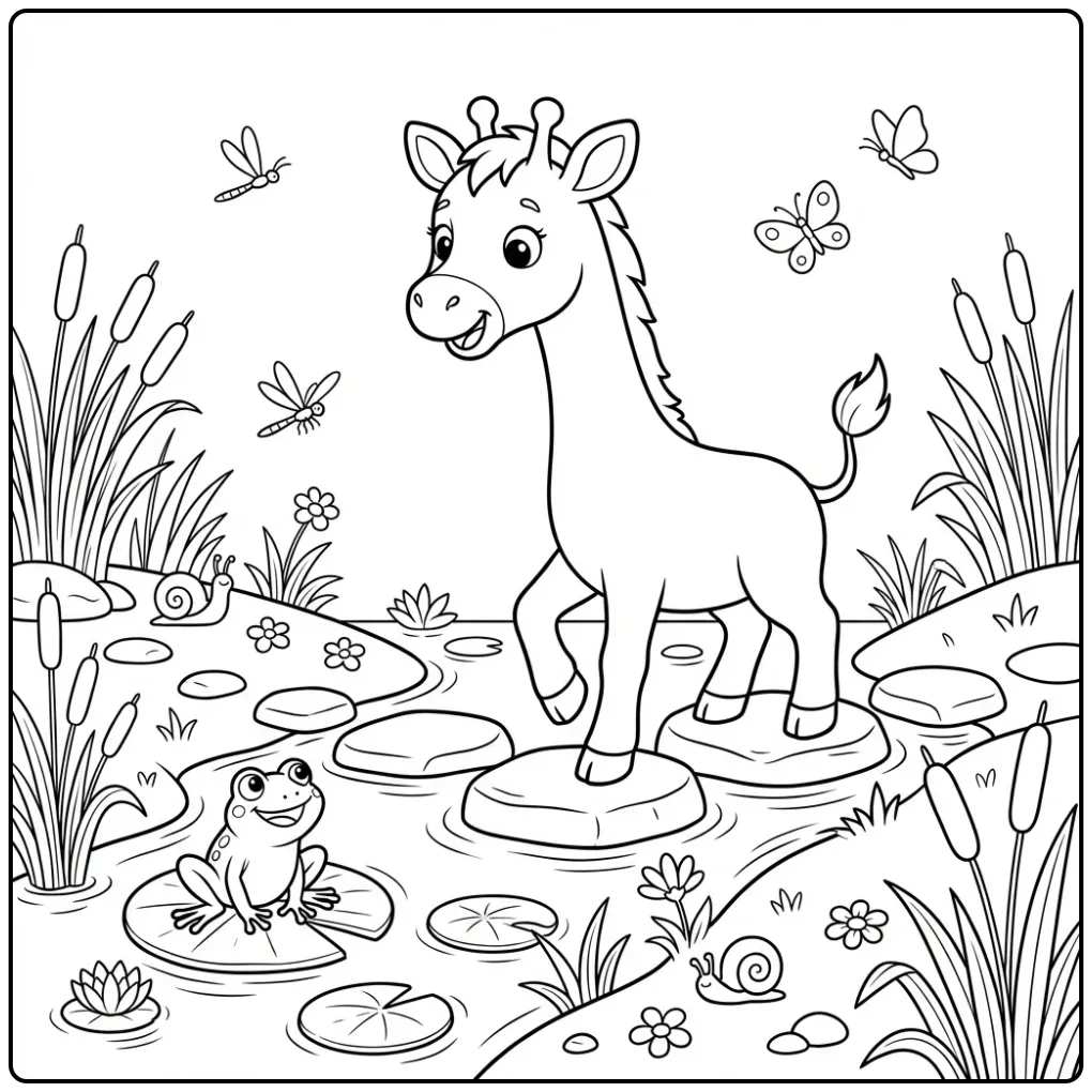 Giraffe and Frog by a Stream coloring page