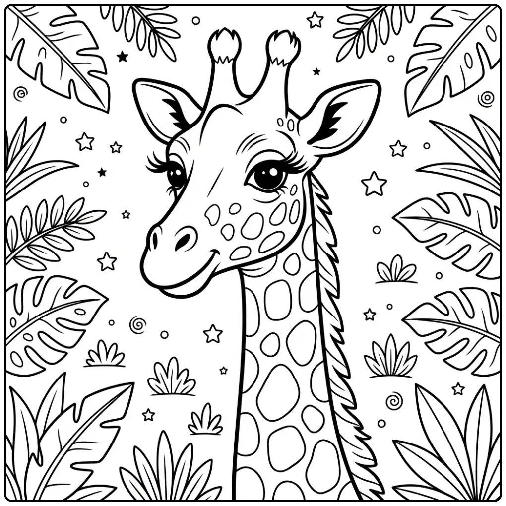 Giraffe with Long Eyelashes and Stars coloring page