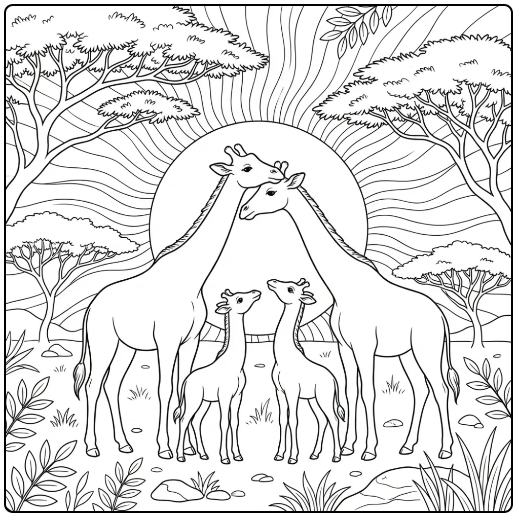 Giraffe with Sweet Family and Acacia Trees coloring page