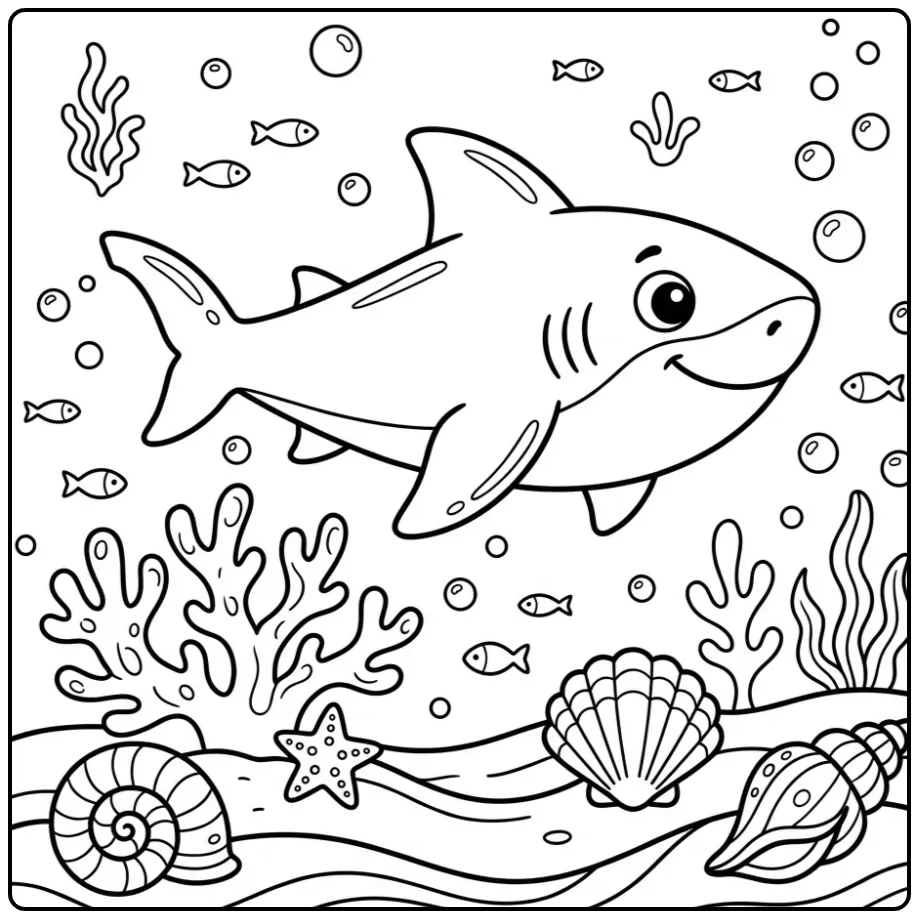 Shark Easy with Shells and Coral coloring page