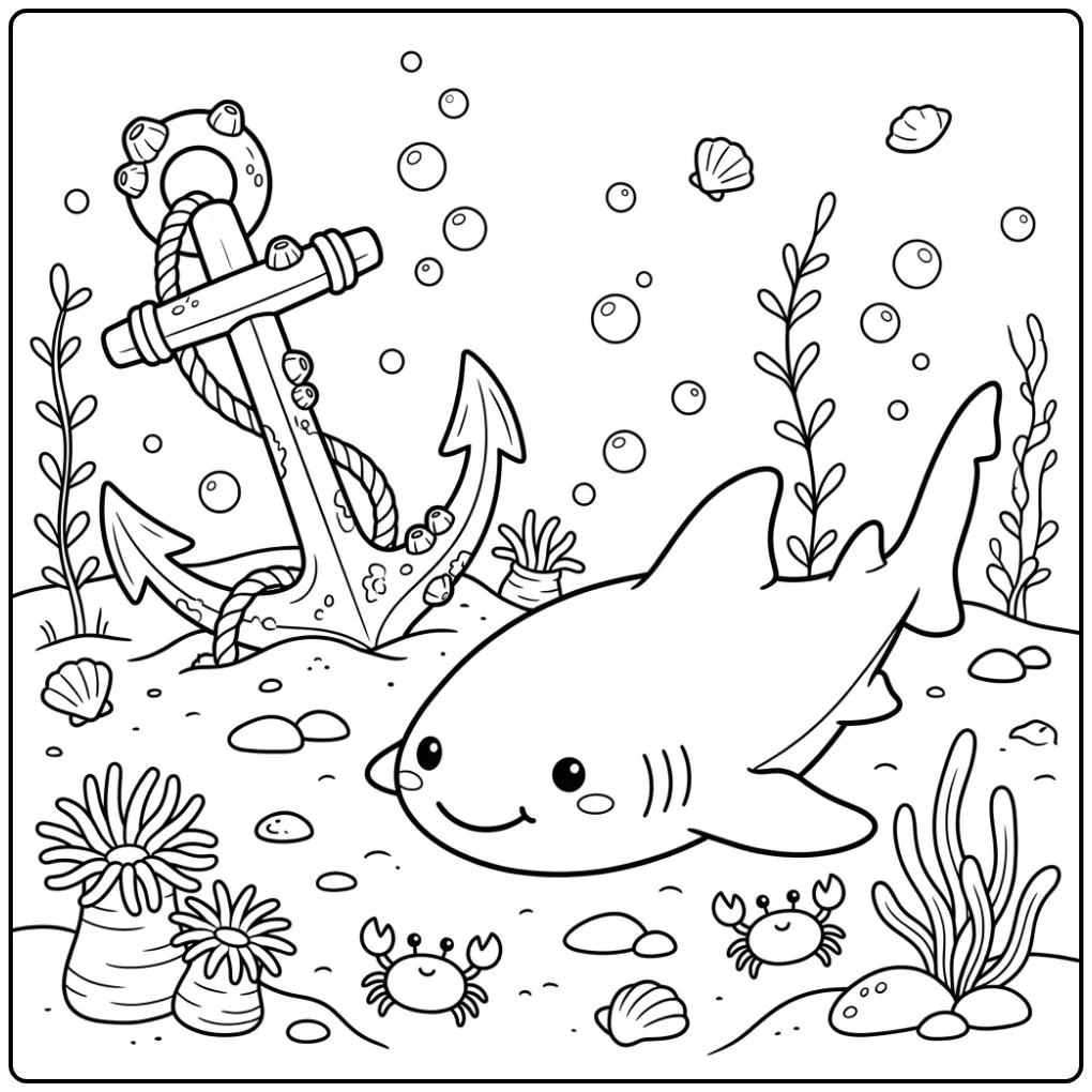Shark with Anchor, Crabs, and Sea Anemones coloring page