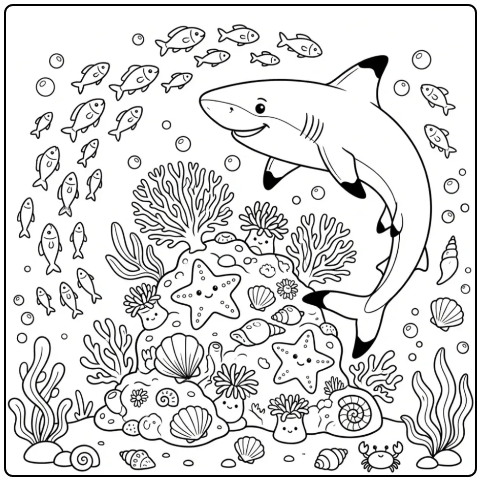 Shark with Fish and Coral Reef coloring page