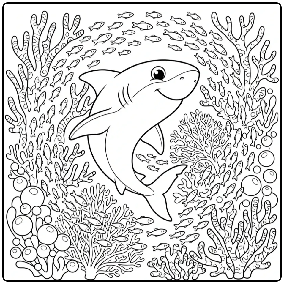 Detailed Shark with Fish in the Deep Sea coloring page