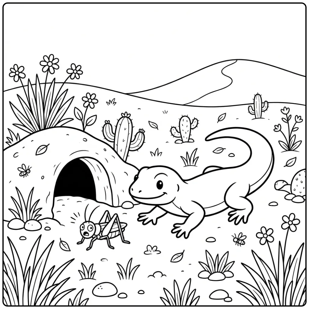 Lizard coloring page hunting a cricket by its burrow