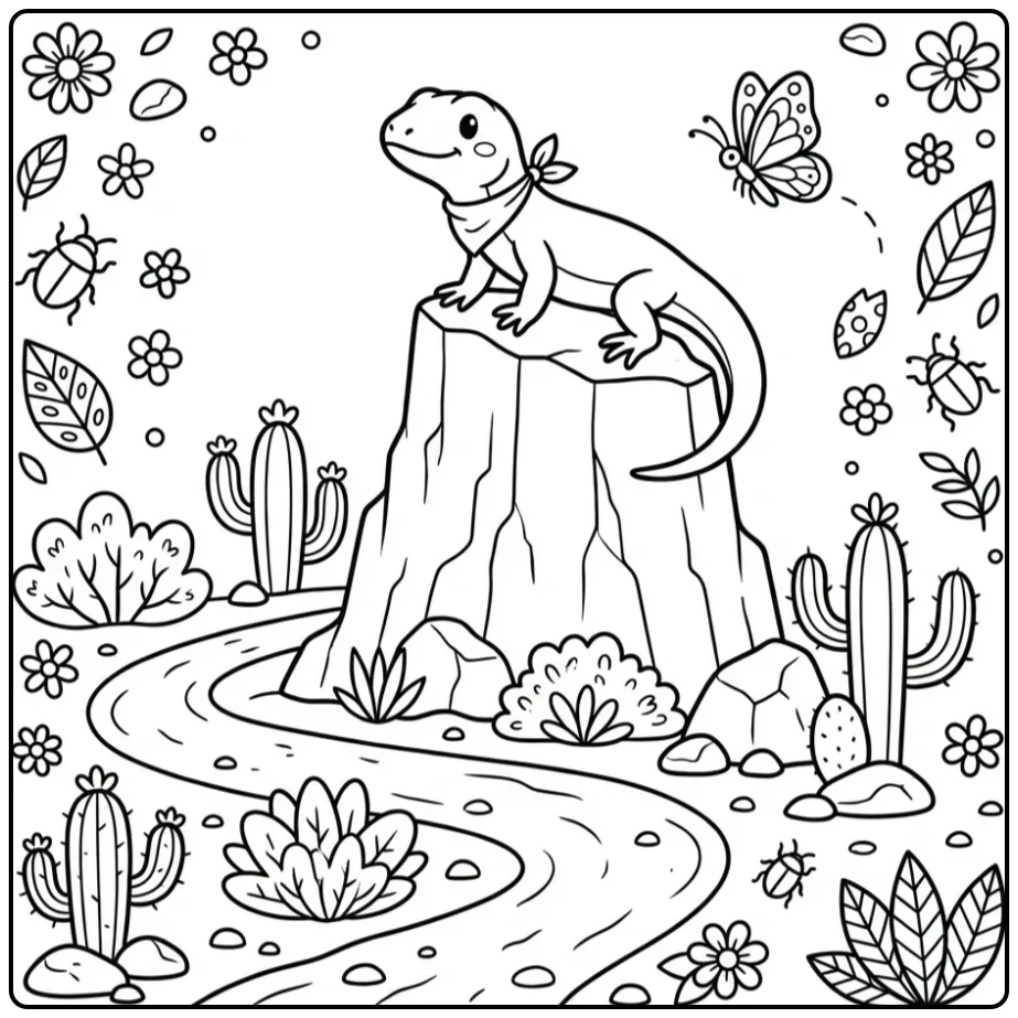 Lizard coloring page on a rock with a butterfly